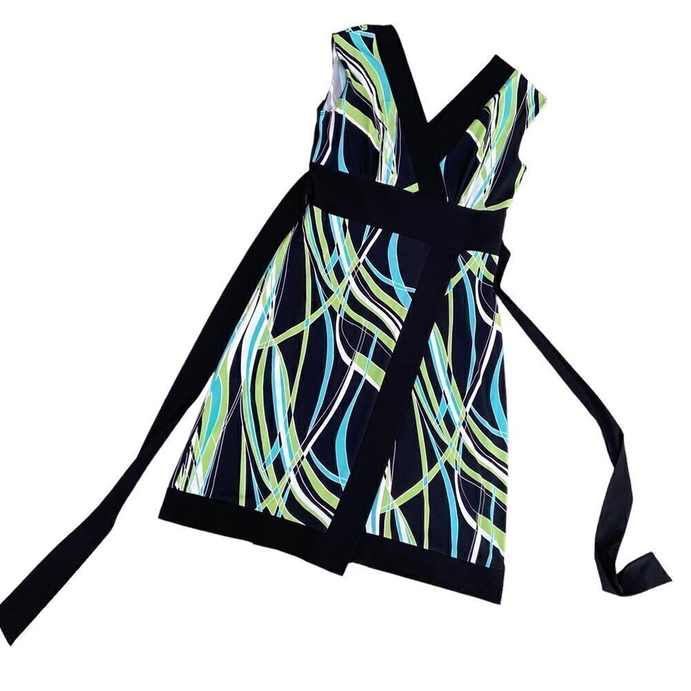 Frank Lyman v neck cap sleeve jersey knit dress black trim & belt graphic print - Picture 3 of 11